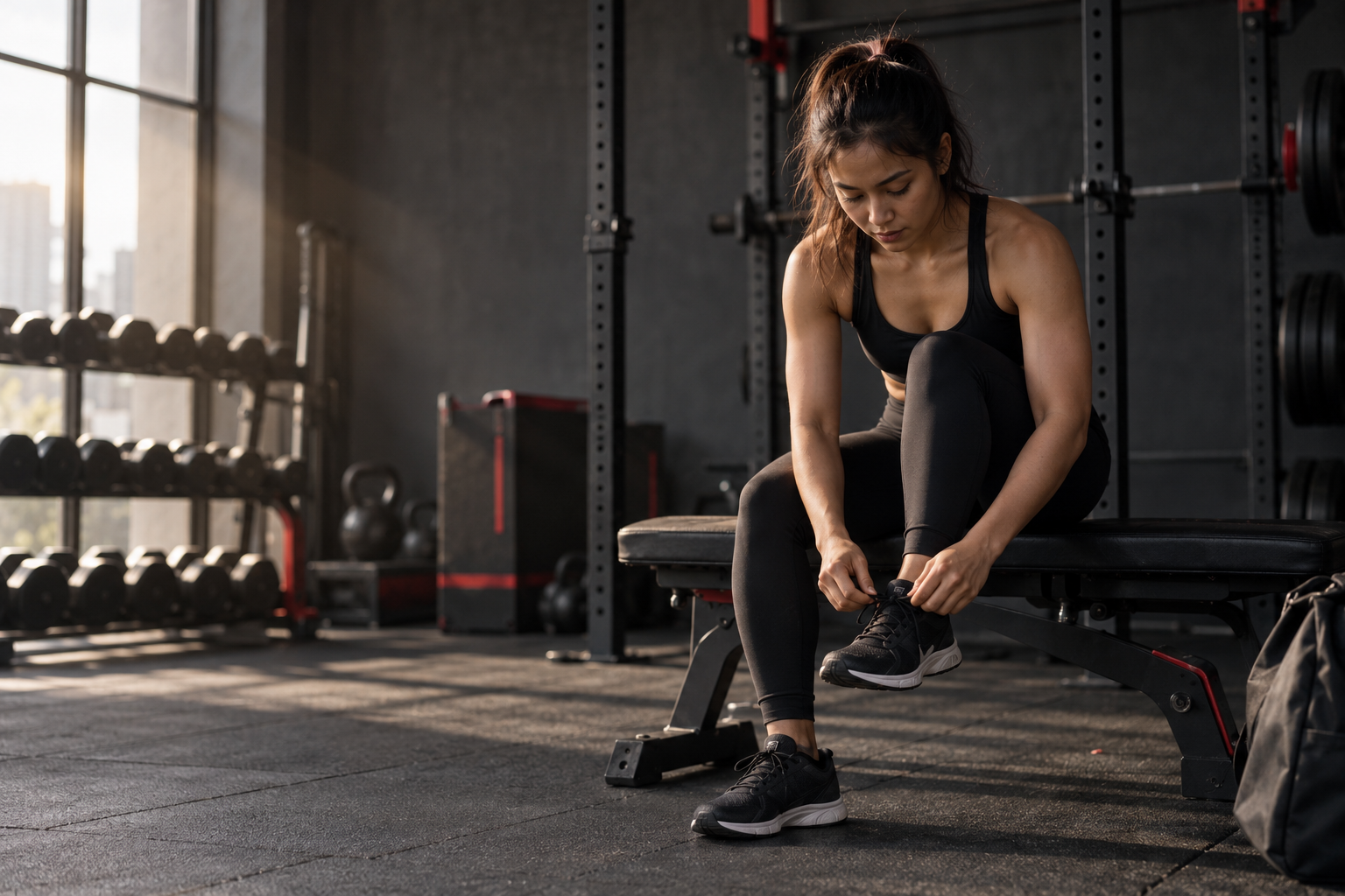 An athlete preparing for a workout by tying her trainers